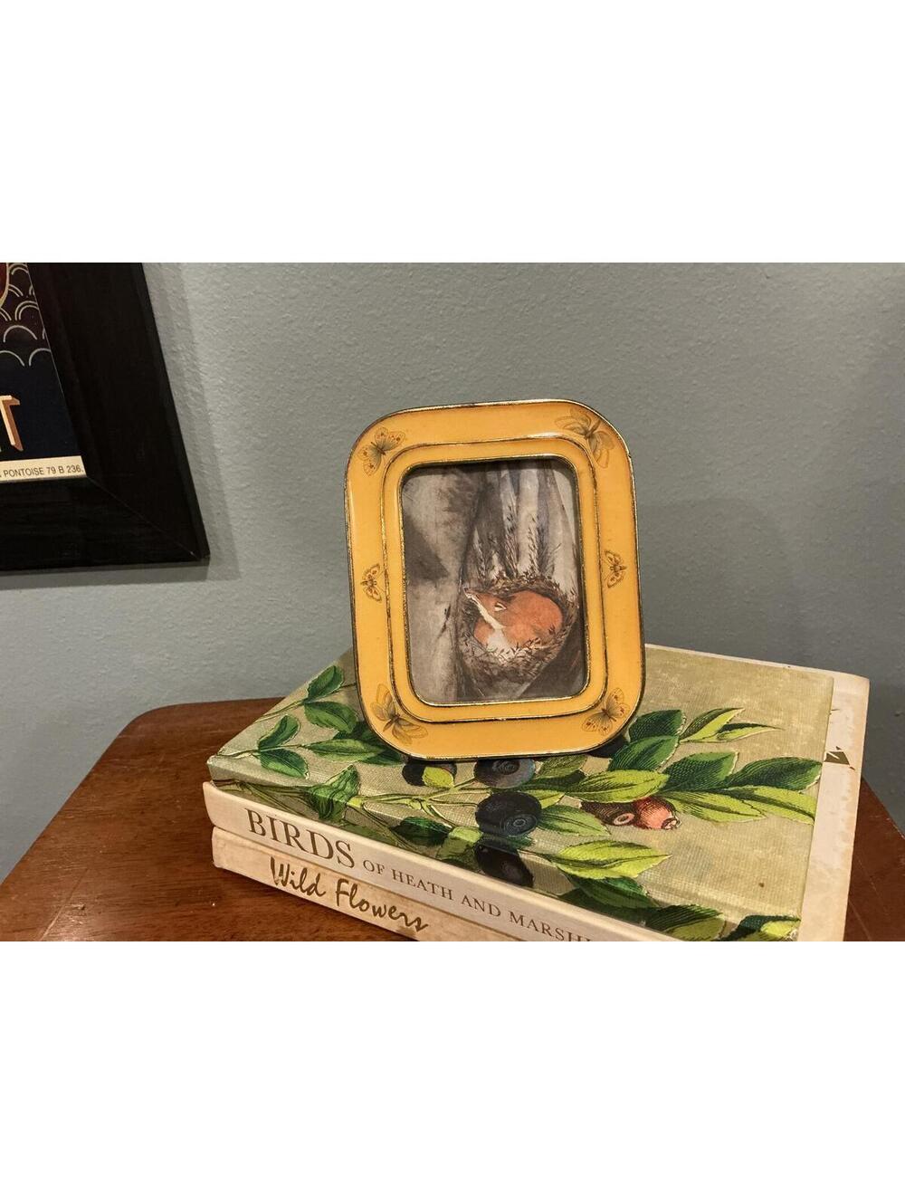 Vintage Metal and Enamel Picture Frame with Hand-Painted Butterfly Cottagecore